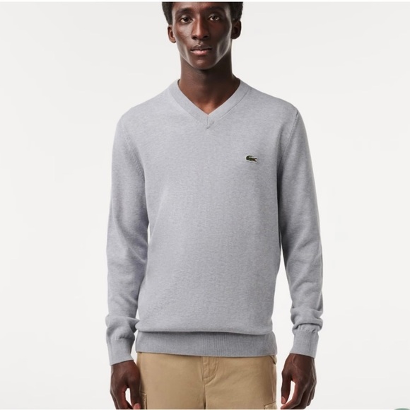 LACOSTE Mens V Neck Cotton Sweater Classic Fit Marled Jersey Grey Sz M - Picture 1 of 11